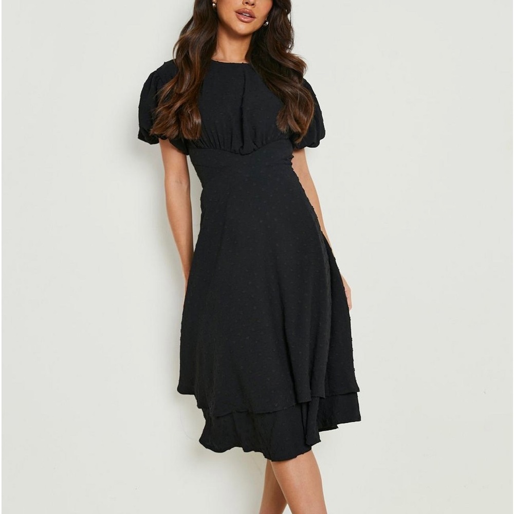 Puff Sleeve Ruffle Midi Dress